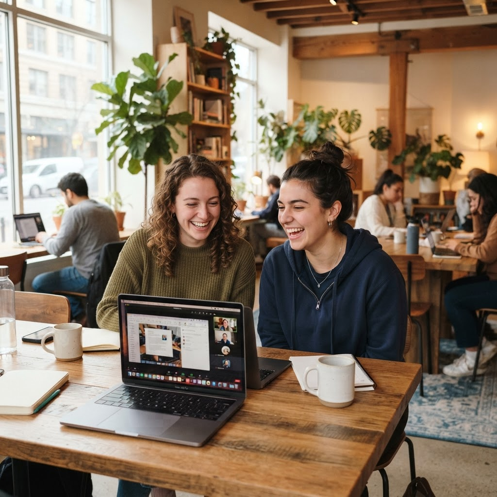 Two colleagues laughing while working together at a laptop