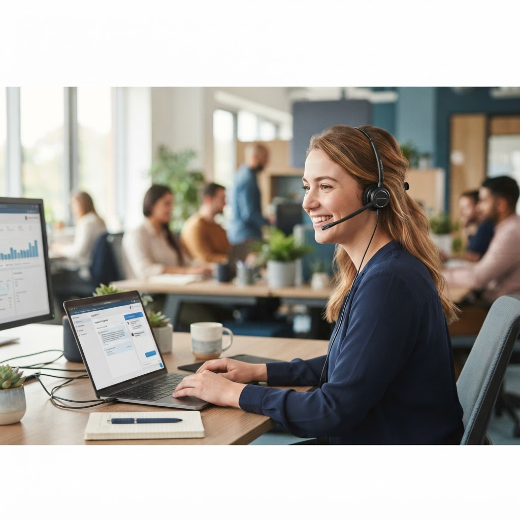 A smiling support specialist wearing a headset while working at a laptop