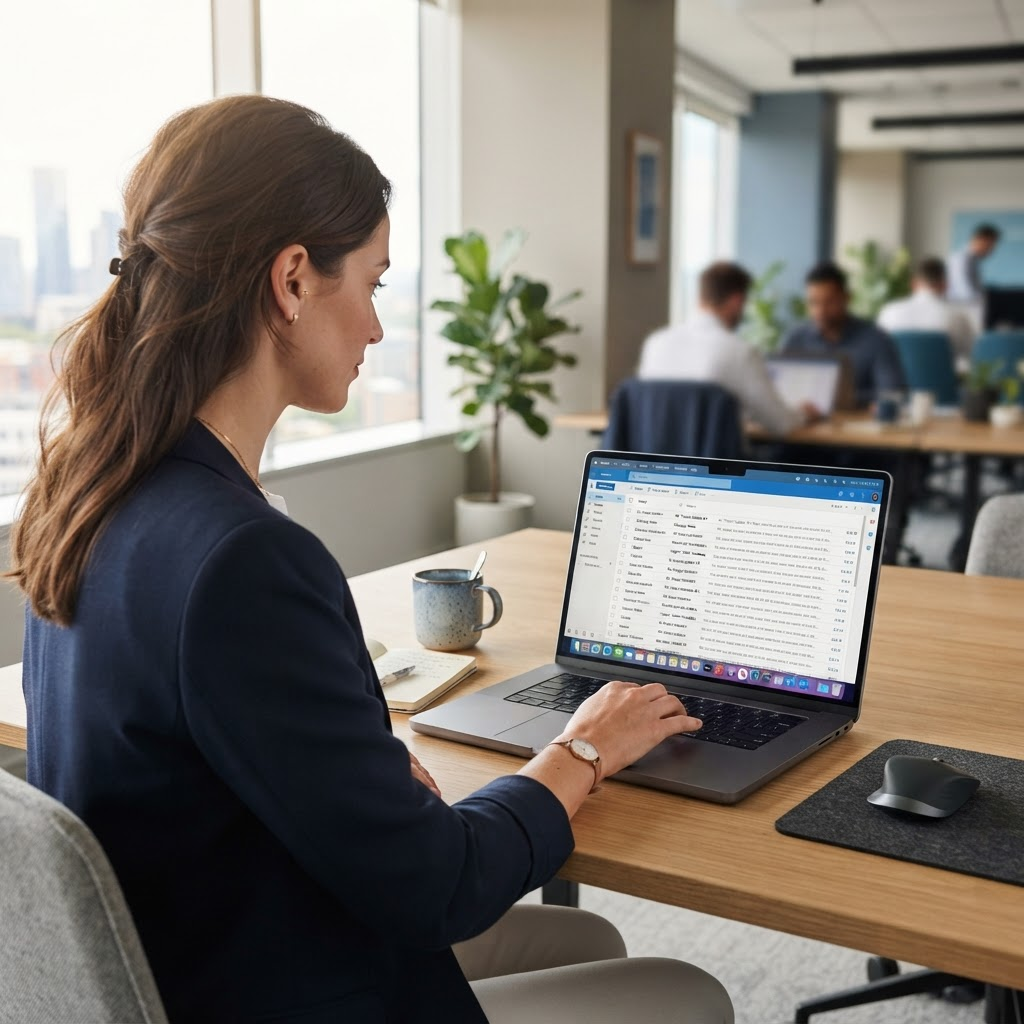 A specialist reviewing an AI-drafted email reply on a laptop
