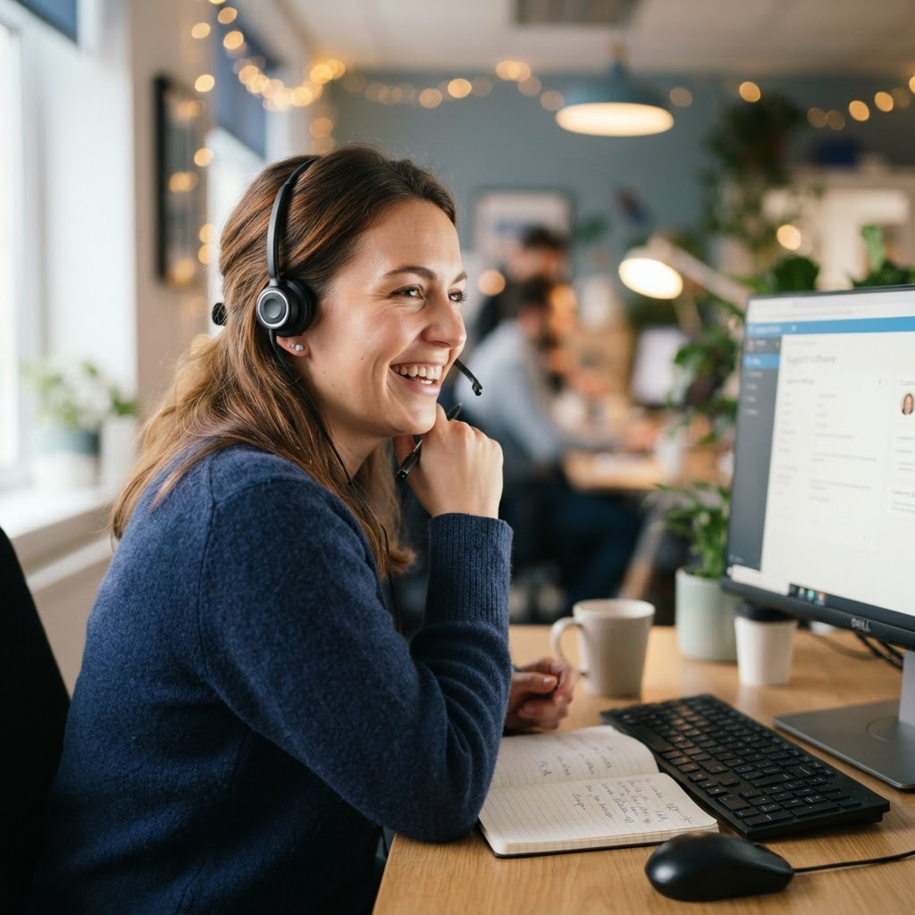 A support specialist wearing a headset reviewing an AI-drafted reply
