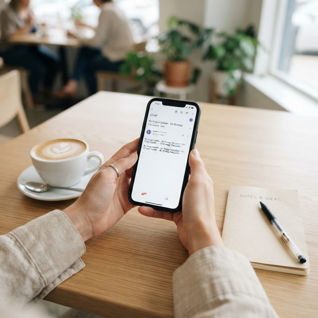 A person reviewing a customer email on their phone at a cafe table